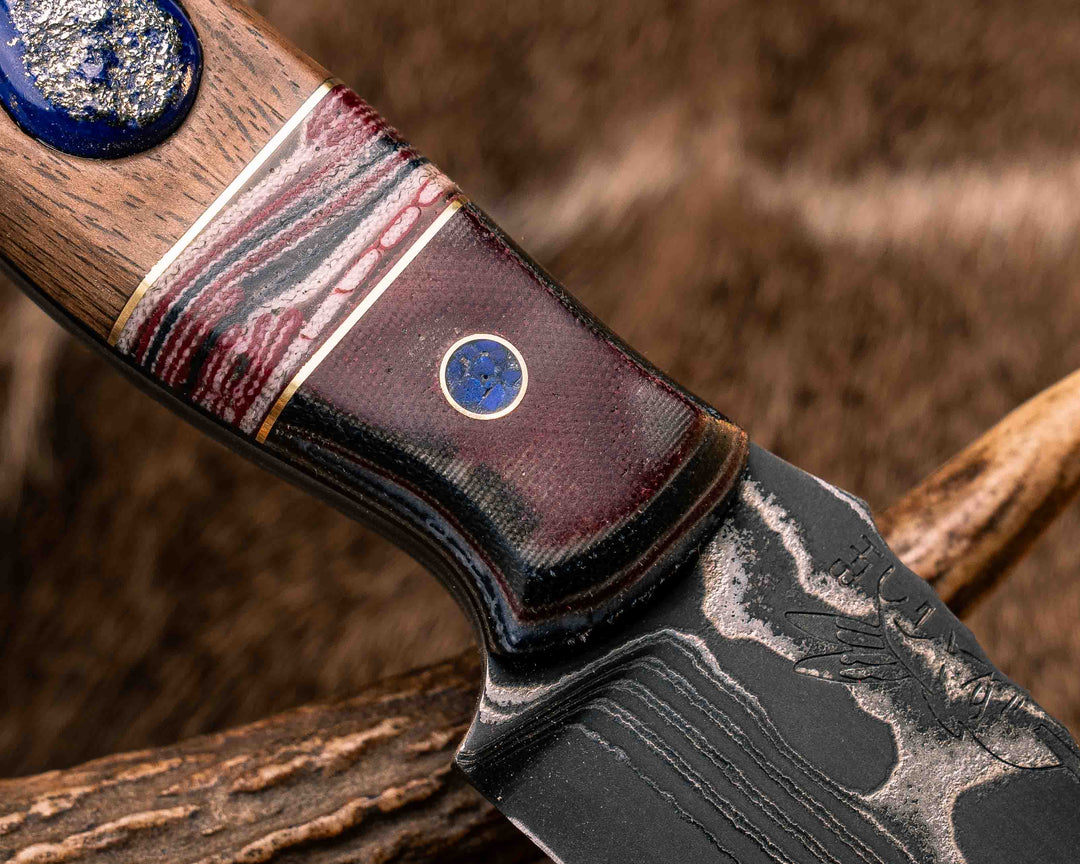 Crow Scout-Sherman Tank SanMai Damascus-Geronimo Lapis Azuli Stone Inlay from Abbottabad Pakistan, WWI,WWII, Vietnam & Modern SEAL Cammie Micarta, American Flag Split, White Oak from the U.S.S. Constitution, Lapis in Brass Pins, Textured Grip