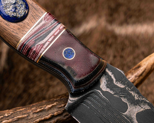 Crow Scout-Sherman Tank SanMai Damascus-Geronimo Lapis Azuli Stone Inlay from Abbottabad Pakistan, WWI,WWII, Vietnam & Modern SEAL Cammie Micarta, American Flag Split, White Oak from the U.S.S. Constitution, Lapis in Brass Pins, Textured Grip