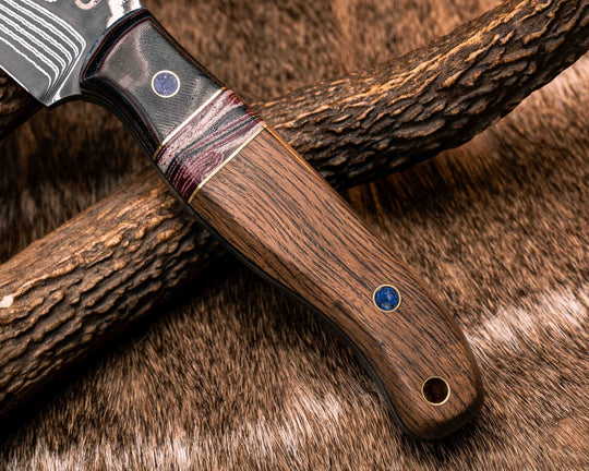Crow Scout-Sherman Tank SanMai Damascus-Geronimo Lapis Azuli Stone Inlay from Abbottabad Pakistan, WWI,WWII, Vietnam & Modern SEAL Cammie Micarta, American Flag Split, White Oak from the U.S.S. Constitution, Lapis in Brass Pins, Textured Grip