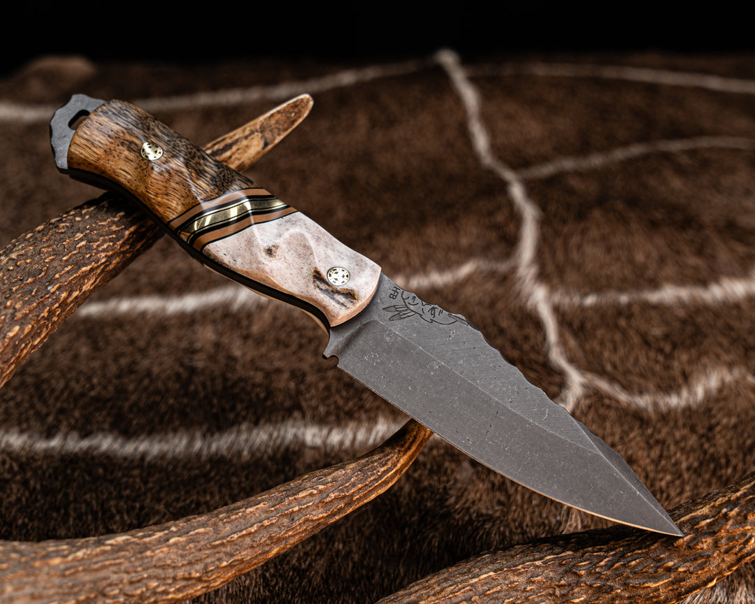 Field Knife- Black G10, Coyote G10 and Brass Split, Pheasantwood, Mosaic Pins, Textured Grip