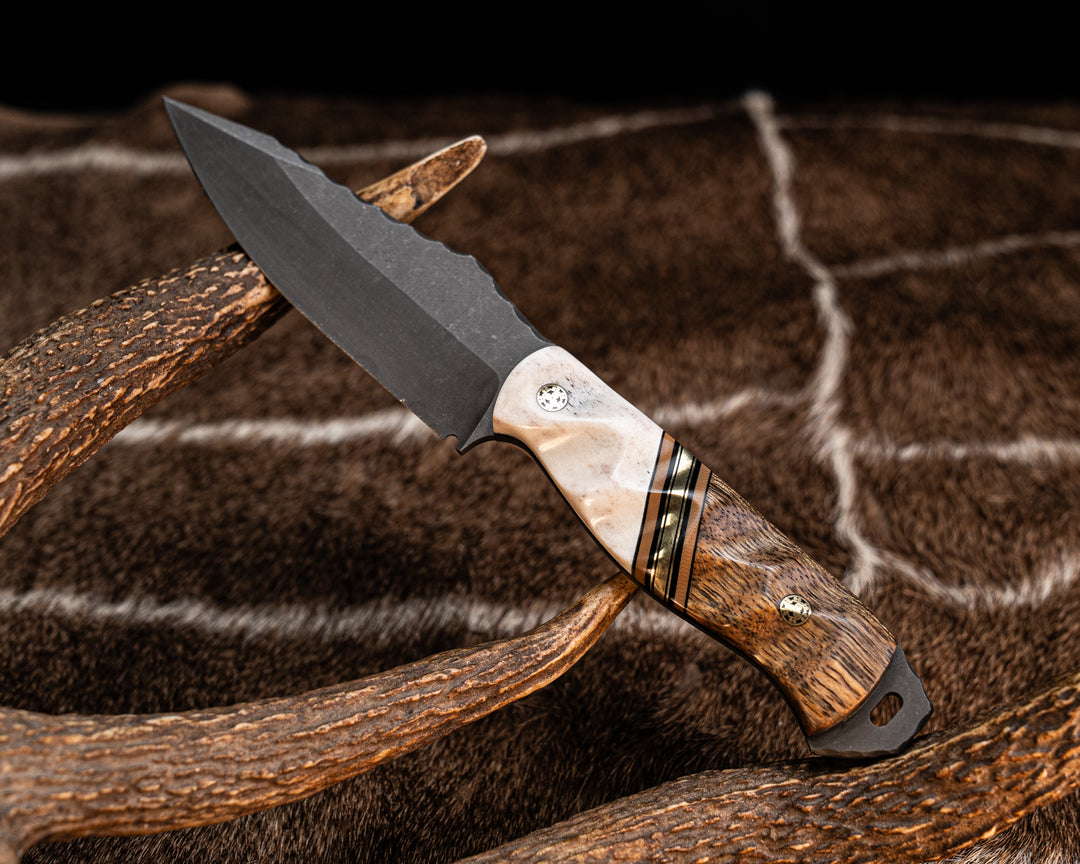 Field Knife- Black G10, Coyote G10 and Brass Split, Pheasantwood, Mosaic Pins, Textured Grip