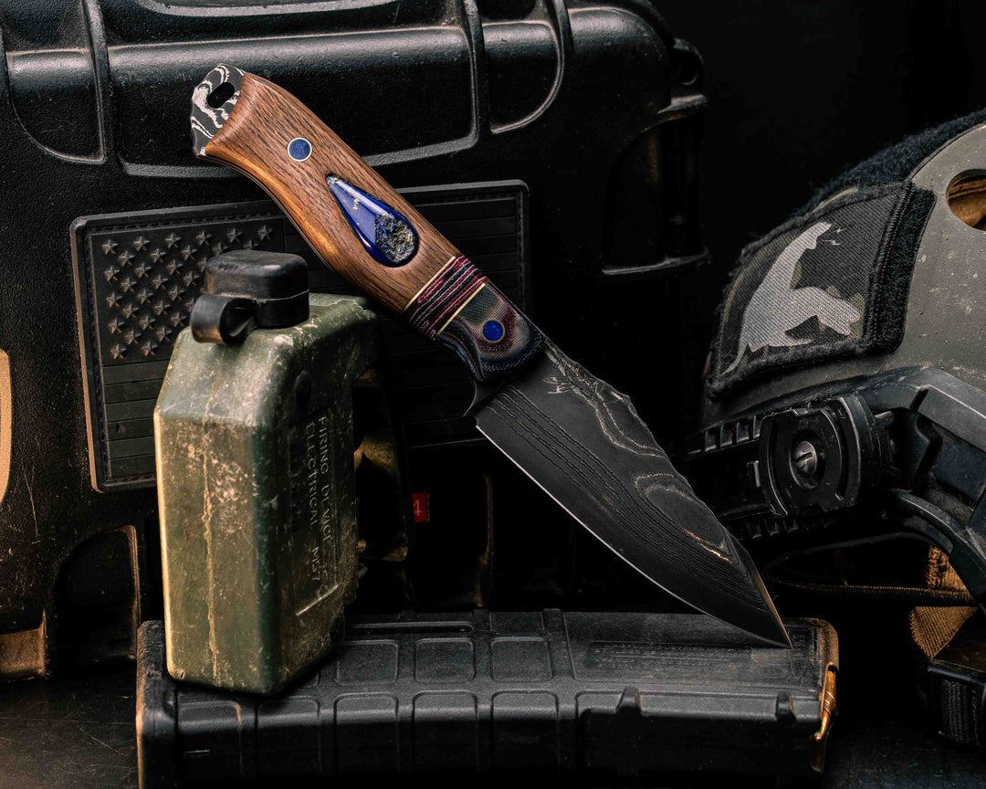 Field Knife-Sherman Tank SanMai Damascus-Geronimo Lapis Azuli Stone Inlay from Abbottabad Pakistan, WWI,WWII, Vietnam & Modern SEAL Cammie Micarta, American Flag Split, White Oak from the U.S.S. Constitution, Lapis in Brass Pins, Textured Grip