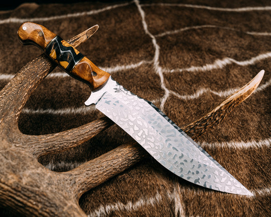 American Bowie- Desert Ironwood, Black G10 and Brass Pin Striping, Black Dark Matter Carbon and Yellow Dino Bone Tru-stone Split, Mosaic Pins, Textured Grip
