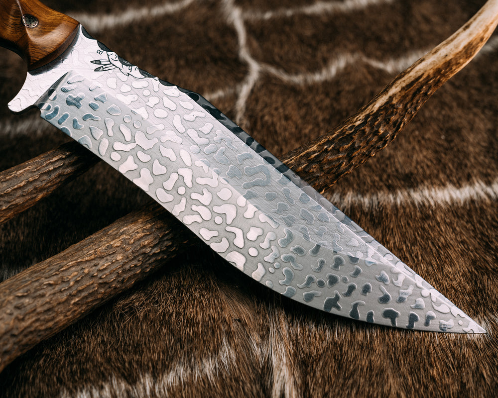 American Bowie- Desert Ironwood, Black G10 and Brass Pin Striping, Black Dark Matter Carbon and Yellow Dino Bone Tru-stone Split, Mosaic Pins, Textured Grip