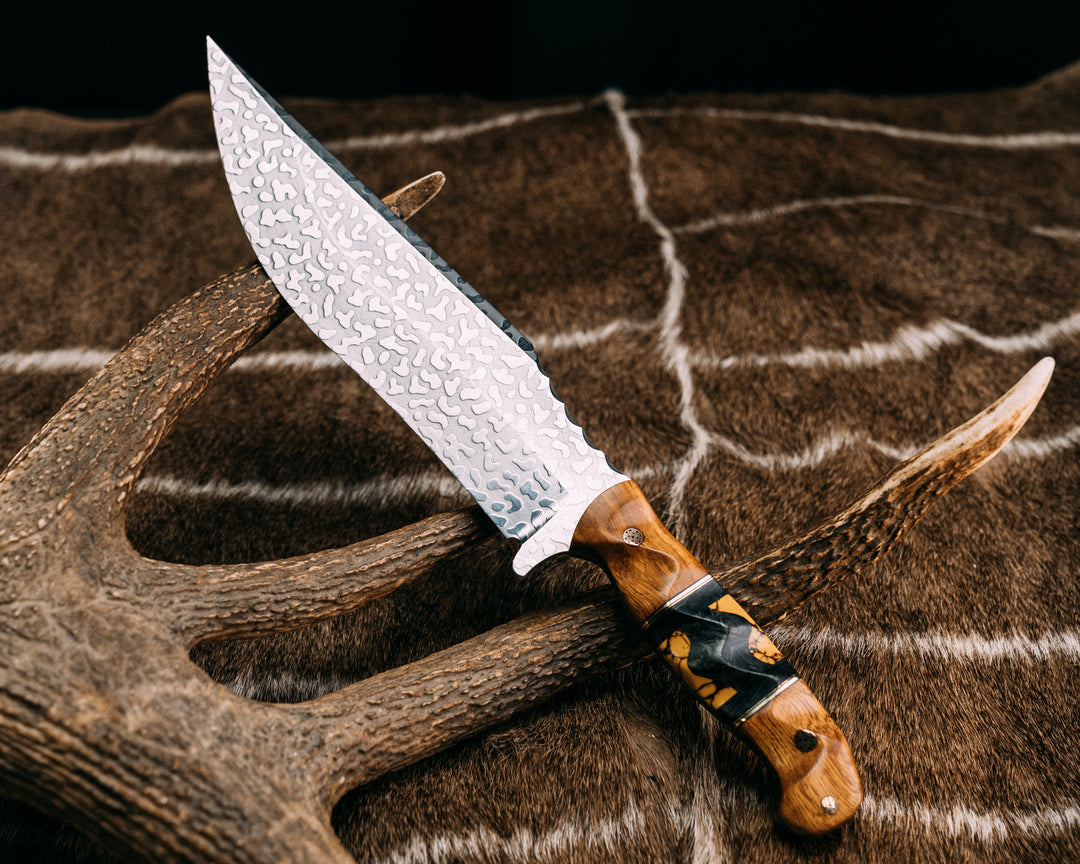 American Bowie- Desert Ironwood, Black G10 and Brass Pin Striping, Black Dark Matter Carbon and Yellow Dino Bone Tru-stone Split, Mosaic Pins, Textured Grip