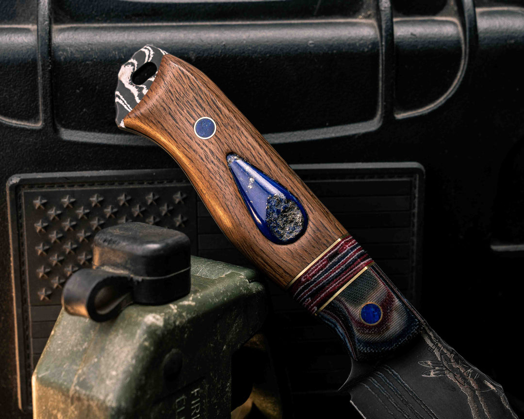 Field Knife-Sherman Tank SanMai Damascus-Geronimo Lapis Azuli Stone Inlay from Abbottabad Pakistan, WWI,WWII, Vietnam & Modern SEAL Cammie Micarta, American Flag Split, White Oak from the U.S.S. Constitution, Lapis in Brass Pins, Textured Grip