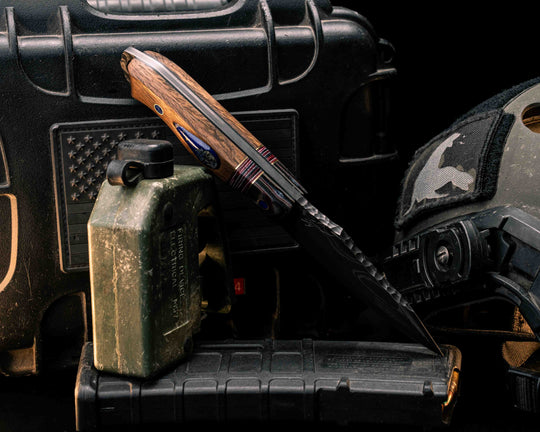Field Knife-Sherman Tank SanMai Damascus-Geronimo Lapis Azuli Stone Inlay from Abbottabad Pakistan, WWI,WWII, Vietnam & Modern SEAL Cammie Micarta, American Flag Split, White Oak from the U.S.S. Constitution, Lapis in Brass Pins, Textured Grip