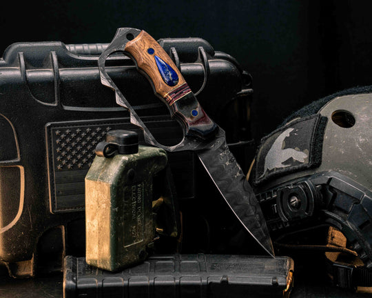 Trench Knife-Tiger Tank SanMai Damascus- Geronimo Lapis Azuli stone Inlay from Abbottabad Pakistan, WWI,WWII,Vietnam & Modern SEAL Cammie Micarta, Brass/American Flag Micarta Split, White Oak from U.S.S. Constitution, Crushed Lapis in Brass Pins
