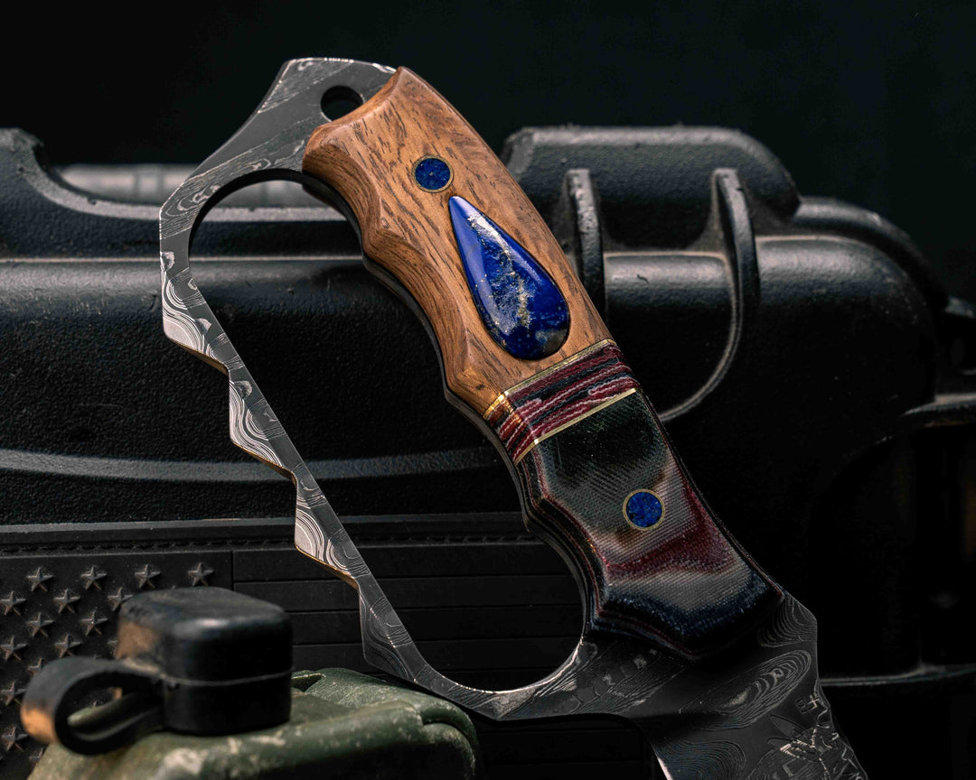 Trench Knife-Tiger Tank SanMai Damascus- Geronimo Lapis Azuli stone Inlay from Abbottabad Pakistan, WWI,WWII,Vietnam & Modern SEAL Cammie Micarta, Brass/American Flag Micarta Split, White Oak from U.S.S. Constitution, Crushed Lapis in Brass Pins