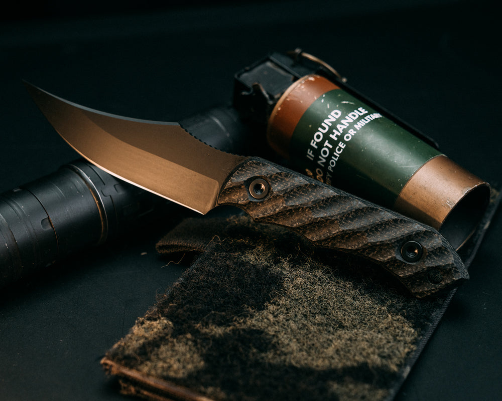 Red Cloud- Black Burlap Micarta, Armor Black Cerakote, Allen Bolts, Iron Grip