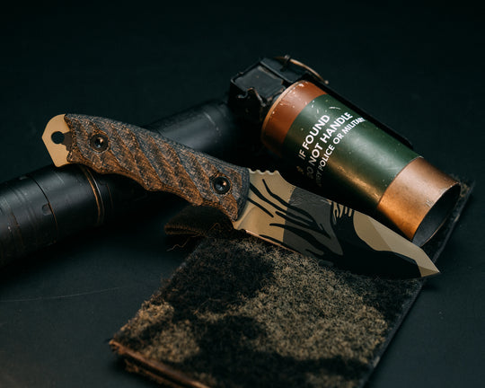 Disaster Jr -  Black & OD Green Burlap Micarta, Black Rhodesian Cerakote, Allen Bolts, Iron Grip.