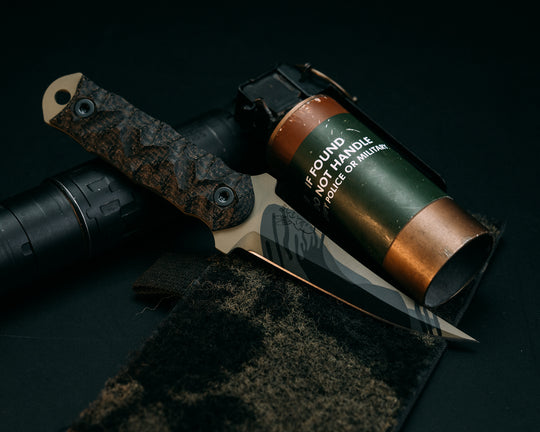 Combat Filet - Black & OD Green Burlap Micarta, Black Rhodesion Cerakote, Allen Bolts, Chaos Grip