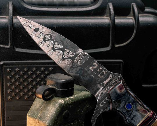 Trench Knife-Tiger Tank SanMai Damascus- Geronimo Lapis Azuli stone Inlay from Abbottabad Pakistan, WWI,WWII,Vietnam & Modern SEAL Cammie Micarta, Brass/American Flag Micarta Split, White Oak from U.S.S. Constitution, Crushed Lapis in Brass Pins
