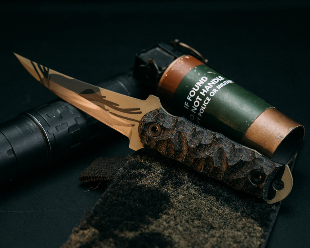 Combat Filet - Black & OD Green Burlap Micarta, Black Rhodesion Cerakote, Allen Bolts, Chaos Grip