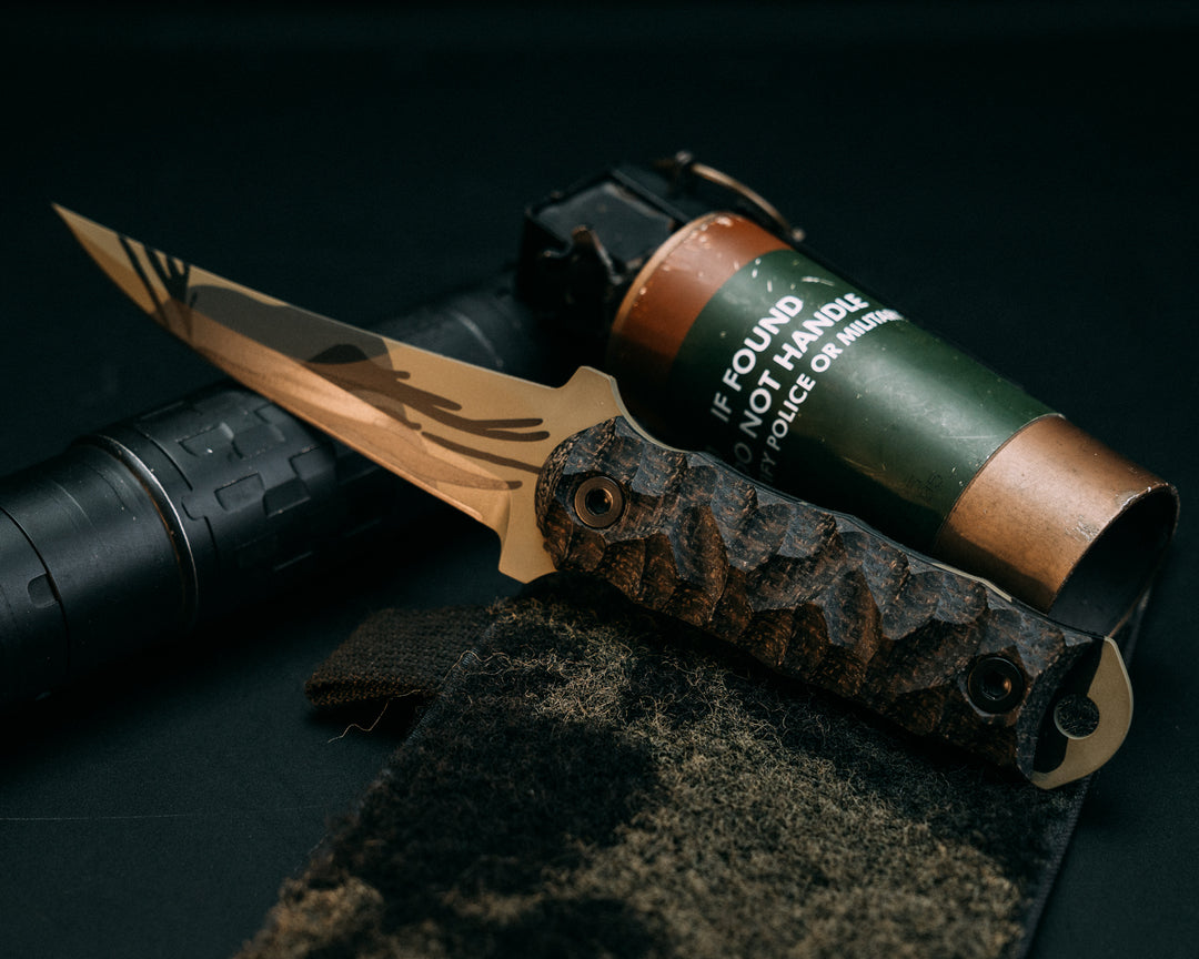 Combat Filet - Black & OD Green Burlap Micarta, Black Rhodesion Cerakote, Allen Bolts, Chaos Grip