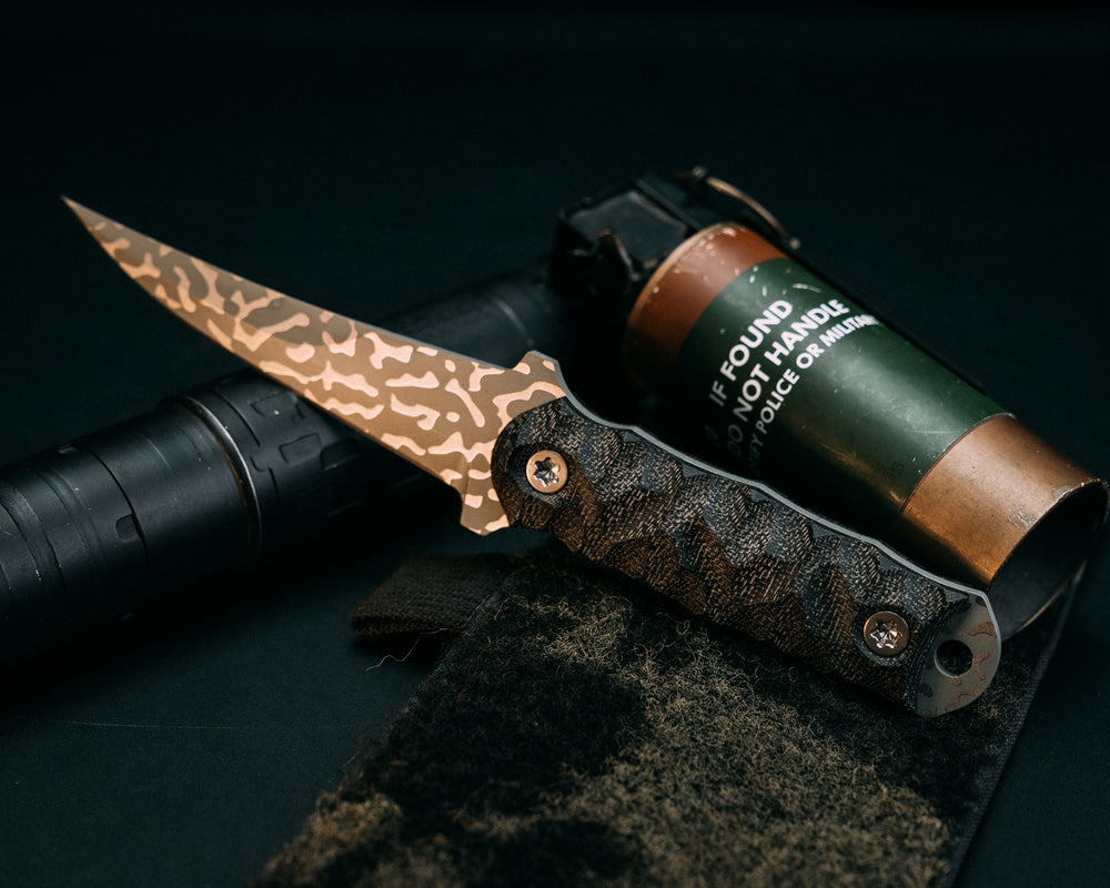 Combat Filet - Black Canvas Micarta, Lizard Camo Cerakote, Ti Torx Bolts, Chaos Grip