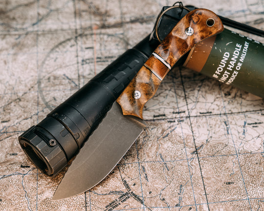 Cav Jr- Teak, Black G10, Brass and White G10 Pin Striping, Afzelia Split, Ambona Burl, Mosaic Pins, Brass Lanyard Pin, Textured Grip