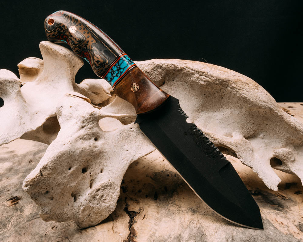 Zeus #18- Hawaiian Curly Koa, black G10, copper and cherry G10 pin striping, Turquoise with black web Tru-stone split, Crow Carbon, mosaic pins, copper lanyard pin, contoured grip #18