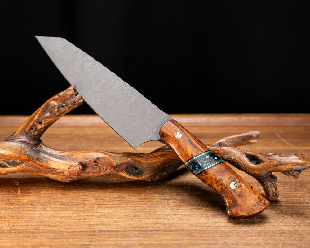 Santoku- Desert Ironwood, Black G10, Brass and Jade G10 Pin Striping, Turquoise Rocky Wave Carbon Split, Afzelia, Mosaic Pins, Smooth Grip