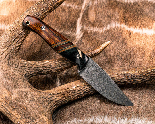 Crow Jr- Black Canvas Micarta, Grey G10, Black G10, Brass, Natural Canvas Micarta and Desert Ironwood Split, Desert Ironwood, Mosaic Pins, Brass Lanyard Pin, Textured Grip