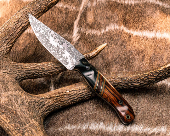 Crow Jr- Black Canvas Micarta, Grey G10, Black G10, Brass, Natural Canvas Micarta and Desert Ironwood Split, Desert Ironwood, Mosaic Pins, Brass Lanyard Pin, Textured Grip