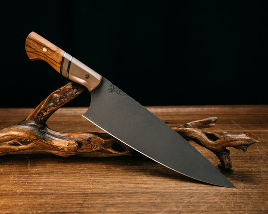 Chef Blade- Coyote G10, Black G10 and Brass Pin Striping, Coyote G10 Split, Desert Ironwood, Mosaic Pins, Smooth Grip