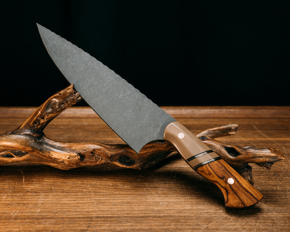 Chef Blade- Coyote G10, Black G10 and Brass Pin Striping, Coyote G10 Split, Desert Ironwood, Mosaic Pins, Smooth Grip