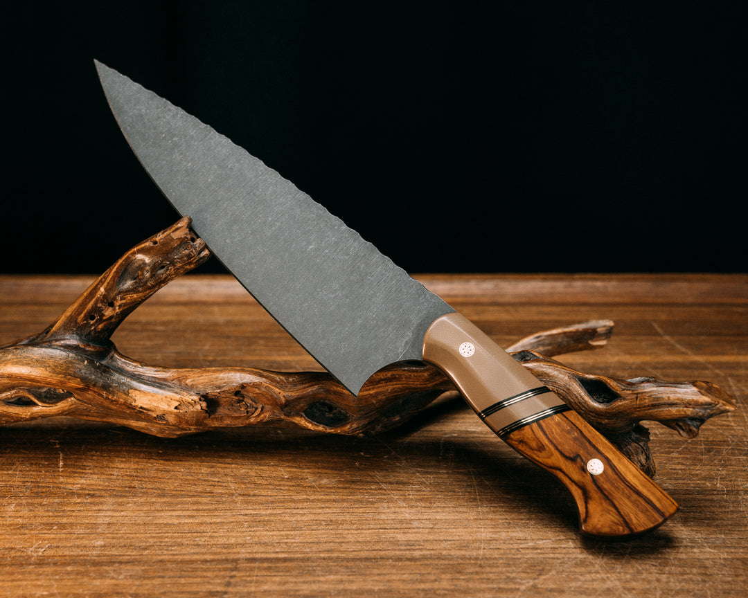 Chef Blade- Coyote G10, Black G10 and Brass Pin Striping, Coyote G10 Split, Desert Ironwood, Mosaic Pins, Smooth Grip