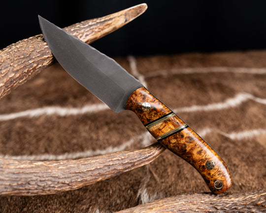 Feather Light- Amboyna Burl, Black G10, Brass and OD Green G10 Pin Striping, Amboyna Split, Mosaic Pins, Brass Lanyard Pin, Contoured Grip
