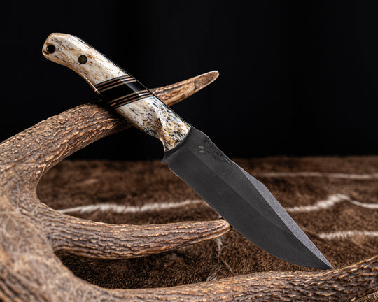 Crow Scout Drop Point- Dyed Giraffe Bone, Black G10, Coyote G10 and Copper Pin Striping, Bison Split, Mosaic Pins, Copper Lanyard Pin, Contoured Grip
