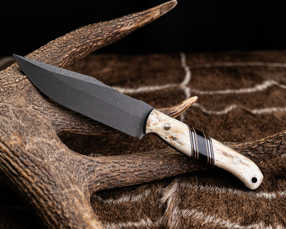Crow Scout Drop Point- Dyed Giraffe Bone, Black G10, Coyote G10 and Copper Pin Striping, Bison Split, Mosaic Pins, Copper Lanyard Pin, Contoured Grip