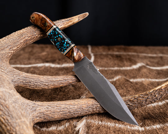 Crow Scout Drop Point- Afzelia Burl, Black G10, Brass, Coyote G10 and White G10 Pin Striping, Turquoise Rocky Wave Carbon, Mosaic Pins, Brass Lanyard Pin, Contoured Grip
