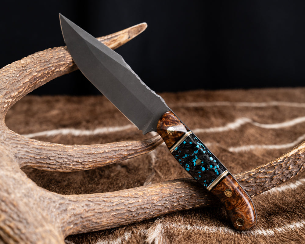 Crow Scout Drop Point- Afzelia Burl, Black G10, Brass, Coyote G10 and White G10 Pin Striping, Turquoise Rocky Wave Carbon, Mosaic Pins, Brass Lanyard Pin, Contoured Grip