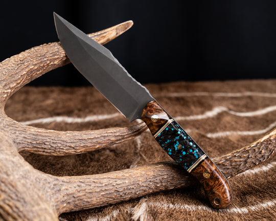 Crow Scout Drop Point- Afzelia Burl, Black G10, Brass, Coyote G10 and White G10 Pin Striping, Turquoise Rocky Wave Carbon, Mosaic Pins, Brass Lanyard Pin, Contoured Grip