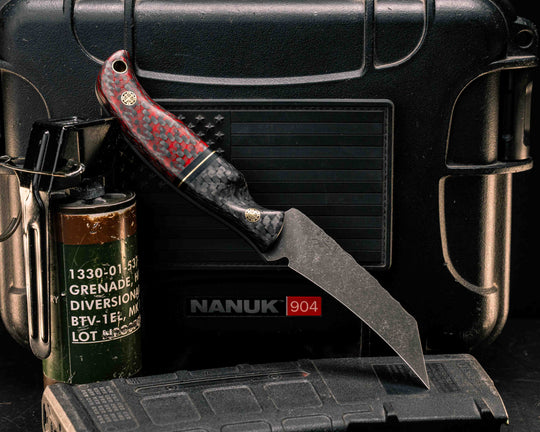Draugr- Carbon, Black G10 and Brass Split, Carbon and Red Resin, Mosaic Pins, Brass Lanyard Pin, Textured Grip
