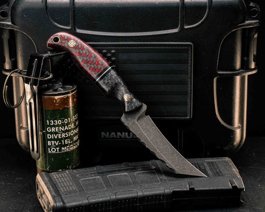 Draugr- Carbon, Black G10 and Brass Split, Carbon and Red Resin, Mosaic Pins, Brass Lanyard Pin, Textured Grip