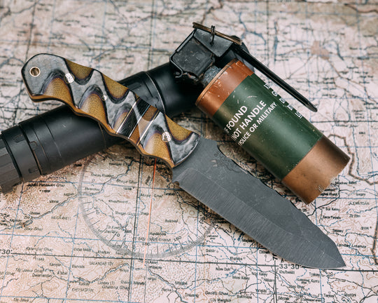 Disaster Breacher- Carbon Over Purple G10 Over OD Green Canvas Micarta, Brass, Purple G10 and Aluminum Pin Striping, OD Green Canvas Micarta and Carbon Split, Mosaic Pins, Brass Lanyard Pin, Textured Grip
