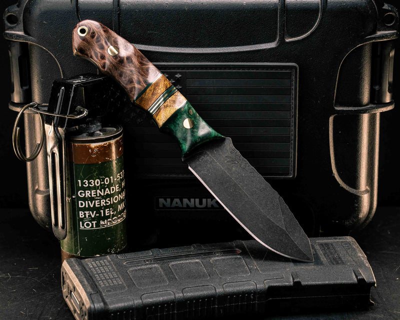 Disaster Jr- Dyed Redwood, Forest Green G10 and Brass Pin Striping, Dyed Maple Split, Redwood Burl, Brass Pins, Brass Lanyard Pin, Textured Grip