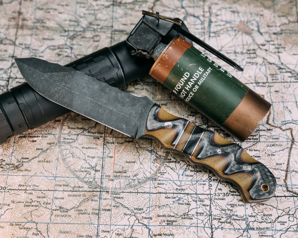 Disaster Breacher- Carbon Over Purple G10 Over OD Green Canvas Micarta, Brass, Purple G10 and Aluminum Pin Striping, OD Green Canvas Micarta and Carbon Split, Mosaic Pins, Brass Lanyard Pin, Textured Grip