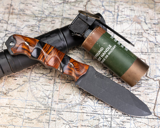 Disaster Breacher- Desert Ironwood, Black G10, Dyed Maple and Desert Ironwood Split, Brass Pins, Textured Grip
