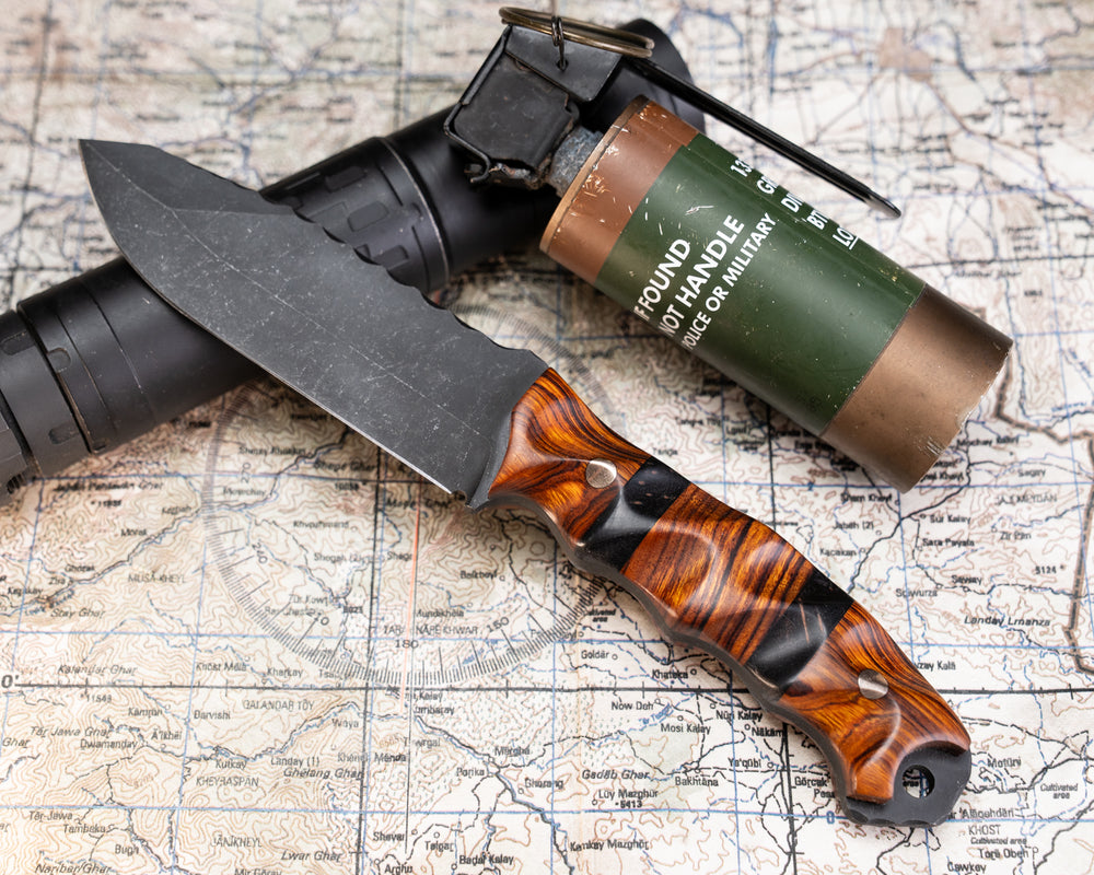 Disaster Breacher- Desert Ironwood, Black G10, Dyed Maple and Desert Ironwood Split, Brass Pins, Textured Grip