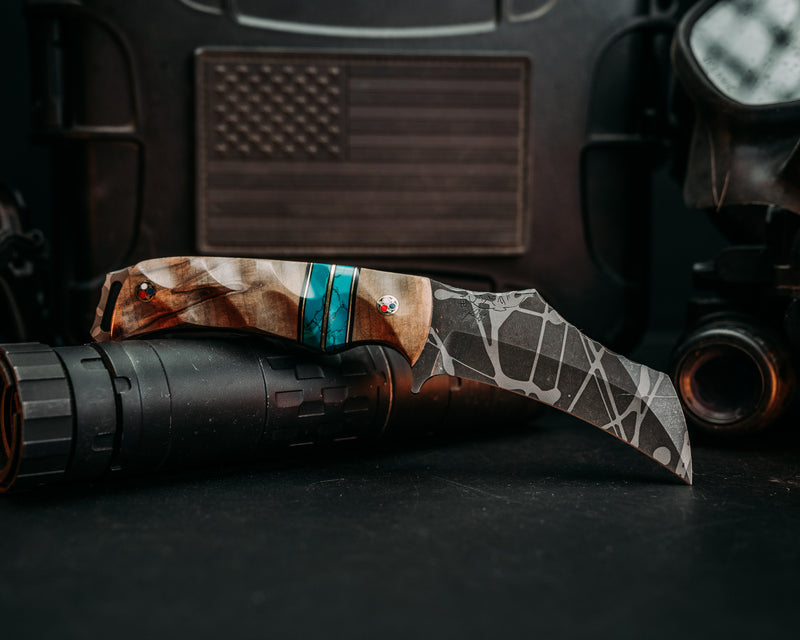 Vulture - Kitoshi, Black G10 & Brass Pin Stripping, Chrysocolla Tru Stone Splits, Patriot Mosaic Pins, Textured Grip.