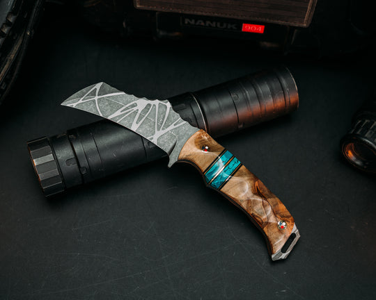 Vulture - Kitoshi, Black G10 & Brass Pin Stripping, Chrysocolla Tru Stone Splits, Patriot Mosaic Pins, Textured Grip.