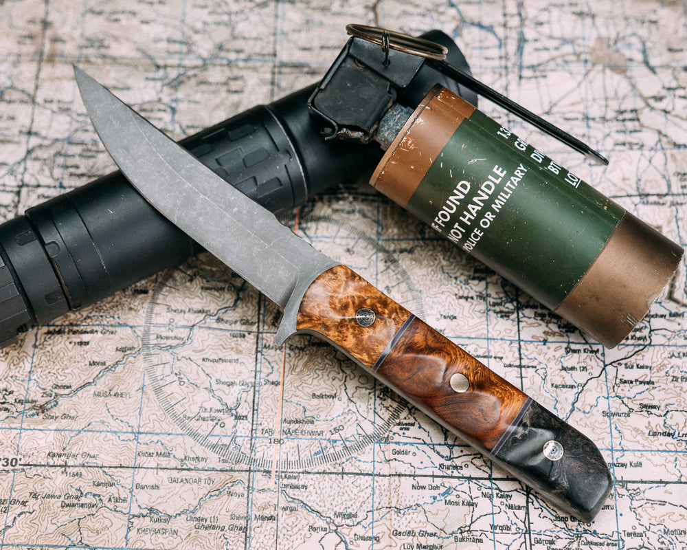 Kwaiken FC- Afzelia, Grey G10 and Purple G10 Pin Striping, Desert Ironwood Split, Dyed Redwood, Mosaic Pins, Brass Pin, Textured Grip