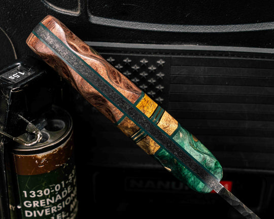 Disaster Jr- Dyed Redwood, Forest Green G10 and Brass Pin Striping, Dyed Maple Split, Redwood Burl, Brass Pins, Brass Lanyard Pin, Textured Grip