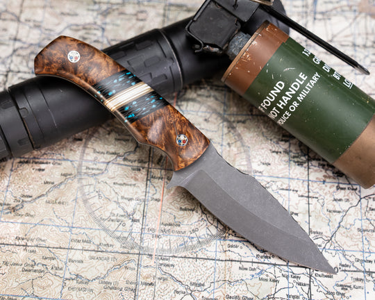 Ishi - Amboyna Burl, Black G10, OD Green G10, Brass and Coyote G10 and White G10 Pin Striping, Turquoise Rocky Wave Carbon Split, Patriot Mosaic Pins, Contoured Grip
