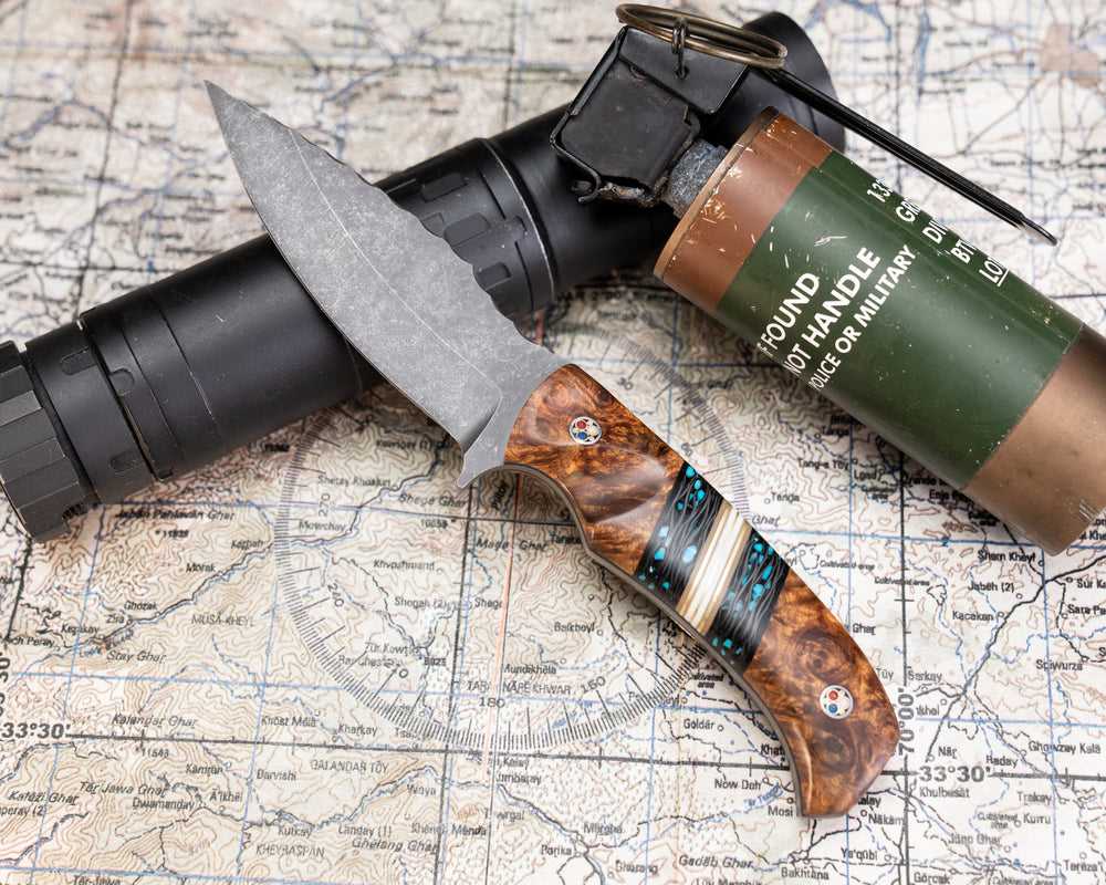 Ishi - Amboyna Burl, Black G10, OD Green G10, Brass and Coyote G10 and White G10 Pin Striping, Turquoise Rocky Wave Carbon Split, Patriot Mosaic Pins, Contoured Grip
