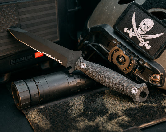 Dive Knife Tanto - Black Canvas Micarta, Armor Black Cerakote, Torx Bolts, Chaos Grip.
