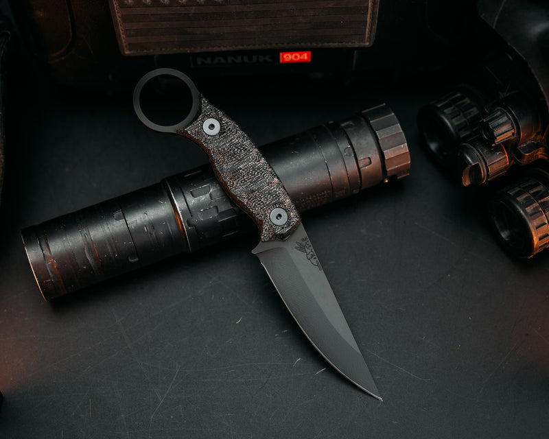 Osoraku 3" Mini - Black Canvas Micarta, Armor Black Cerakote, Allen Bolts, Chaos Grip.
