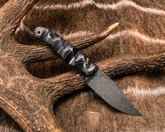Feather Light- Silver Dragon Strike Carbon, Black G10, Grey G10, Aluminum and Black Canvas Micarta Split, Dyed Maple, Mosaic Pins, Aluminum Lanyard Pin, Textured Grip